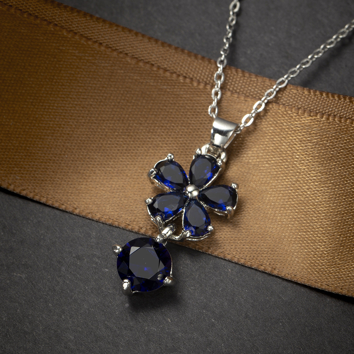 Navy Crystal & Silver-Plated Floral Pendant Necklace