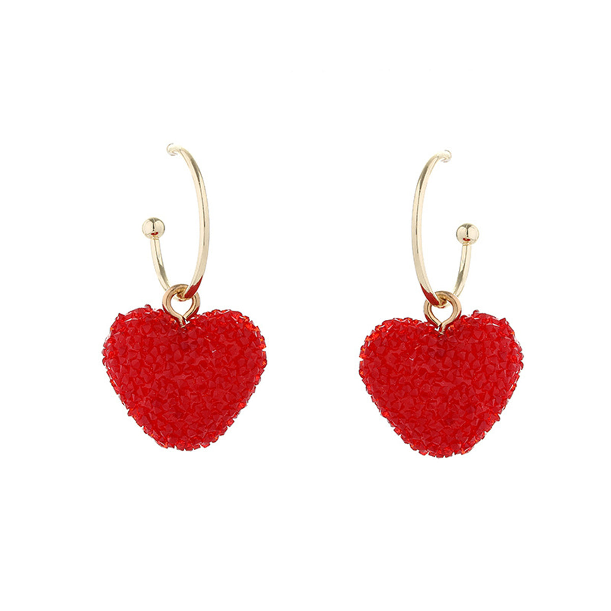 Red Cubic Zirconia and 18K Gold-Plated Pav¨¦ Heart Huggie Earrings, gold huggie earrings, front view