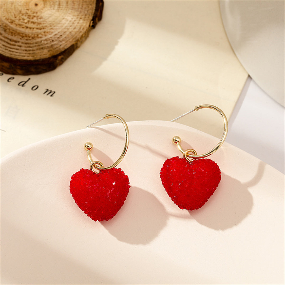 Red Cubic Zirconia and 18K Gold-Plated Pav¨¦ Heart Huggie Earrings, gold huggie earrings, dainty minimalist design, side view