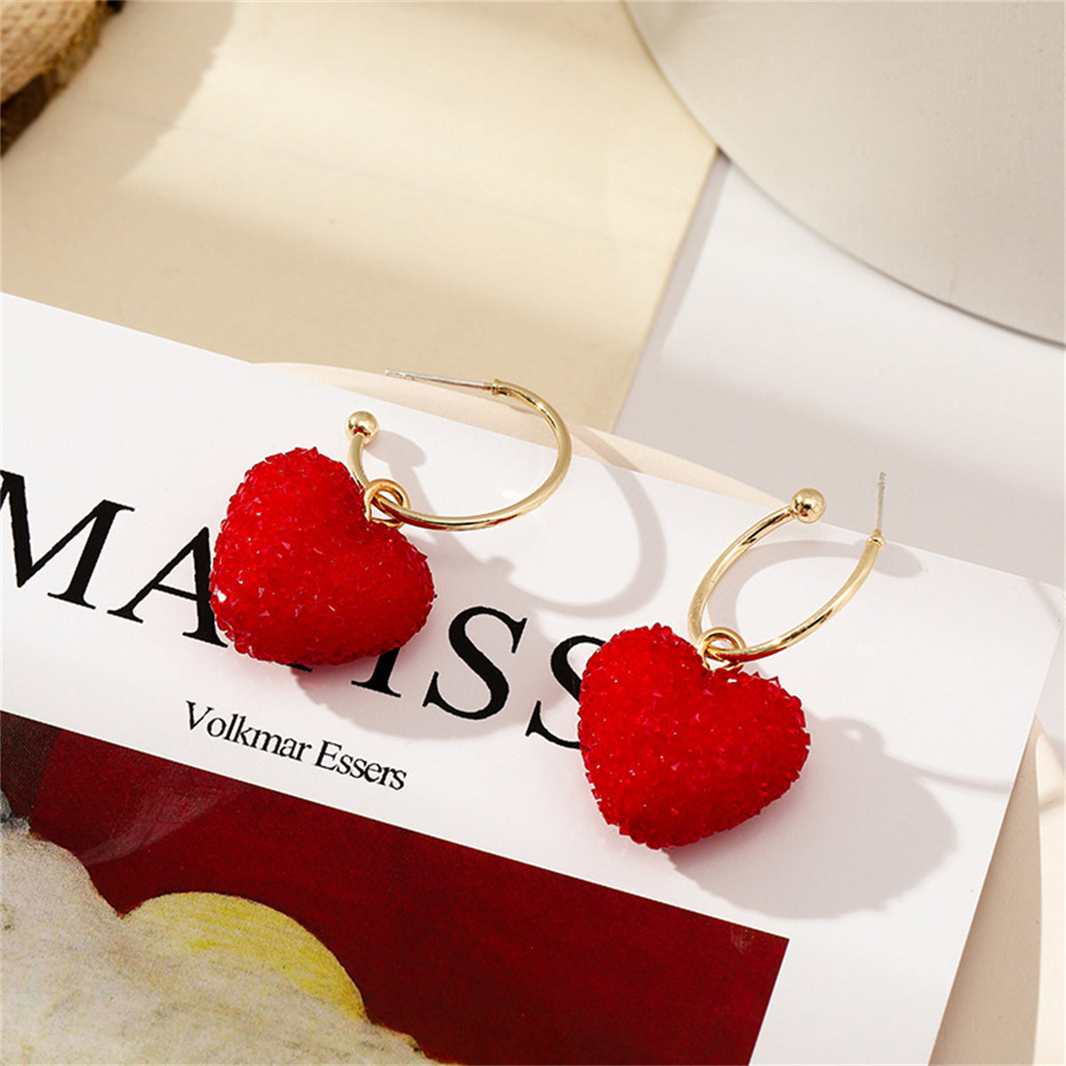Red Cubic Zirconia and 18K Gold-Plated Pav¨¦ Heart Huggie Earrings, gold huggie earrings, detail close-up