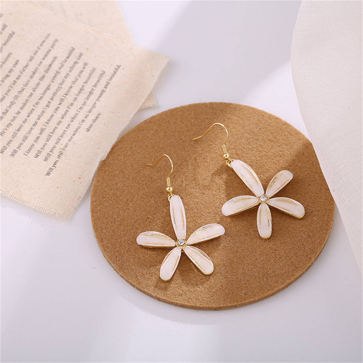 Cubic Zirconia and Acrylic 18K Gold-Plated Flower Drop Earrings, gold drop earrings for women, everyday style, side view