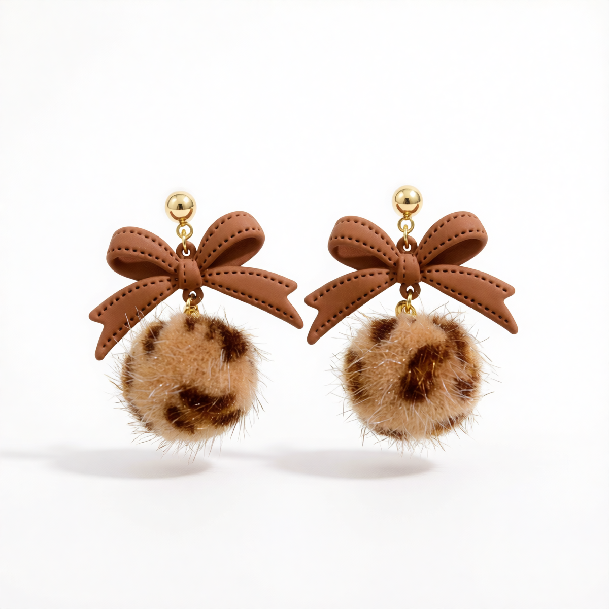 Light Coffee Enamel & Pom-Pom 18K Gold-Plated Leopard Bow Ball Drop Earrings