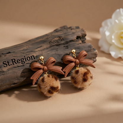 Light Coffee Enamel & Pom-Pom 18K Gold-Plated Leopard Bow Ball Drop Earrings