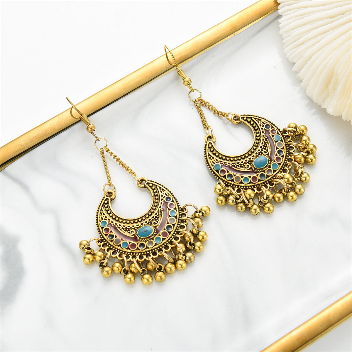 Colored Enamel & 18K Gold-Plated Ball-Detail Crescent Moon Drop Earrings