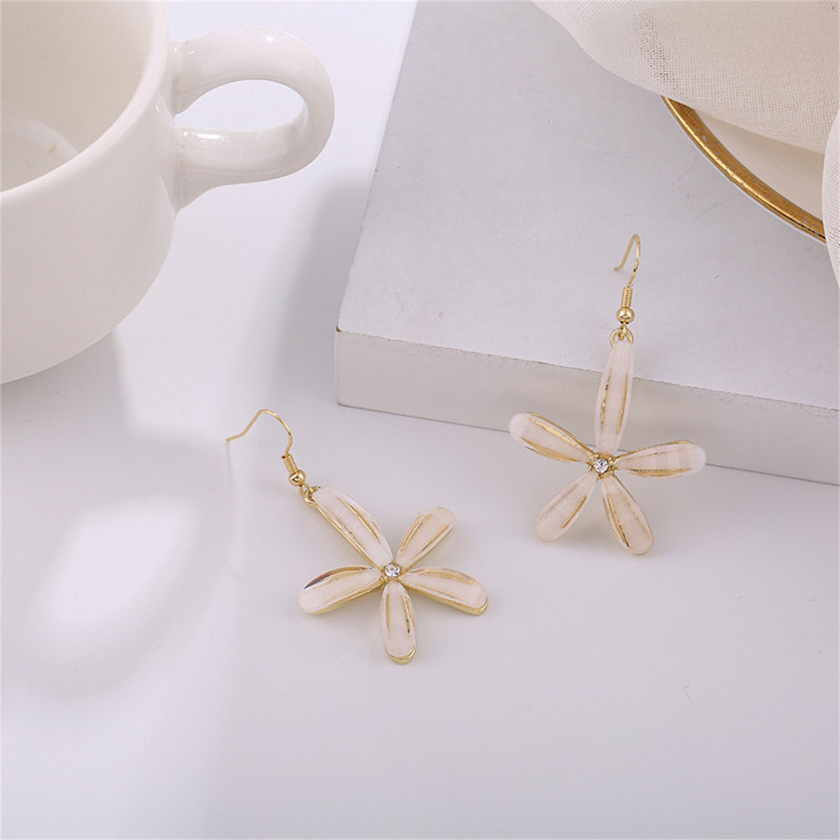 Cubic Zirconia and Acrylic 18K Gold-Plated Flower Drop Earrings, gold drop earrings for women, detail close-up
