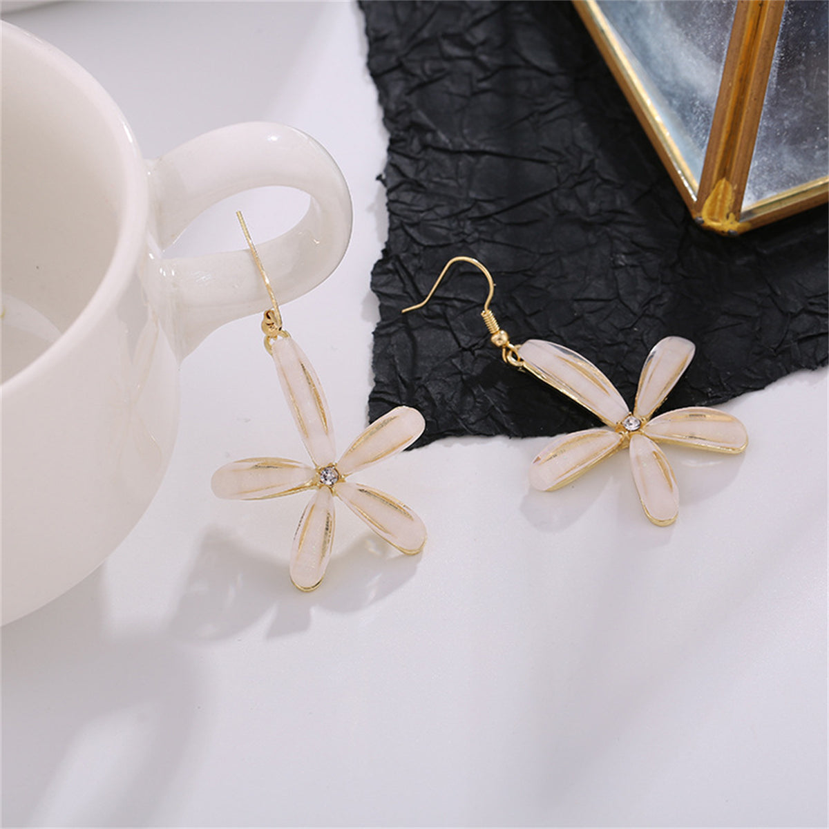 Cubic Zirconia and Acrylic 18K Gold-Plated Flower Drop Earrings, gold drop earrings for women, everyday style, styled look