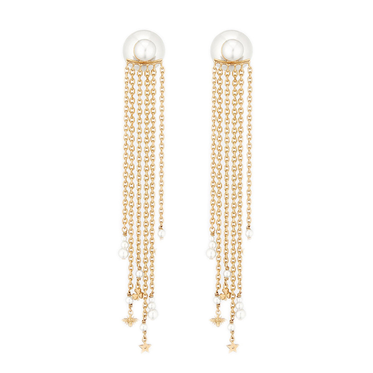 White Pearl and 18K Gold-Plated Tassel Ear Jackets, gold drop earrings for women, botanical inspired, front view