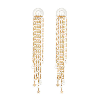 White Pearl and 18K Gold-Plated Tassel Ear Jackets, gold drop earrings for women, botanical inspired, front view