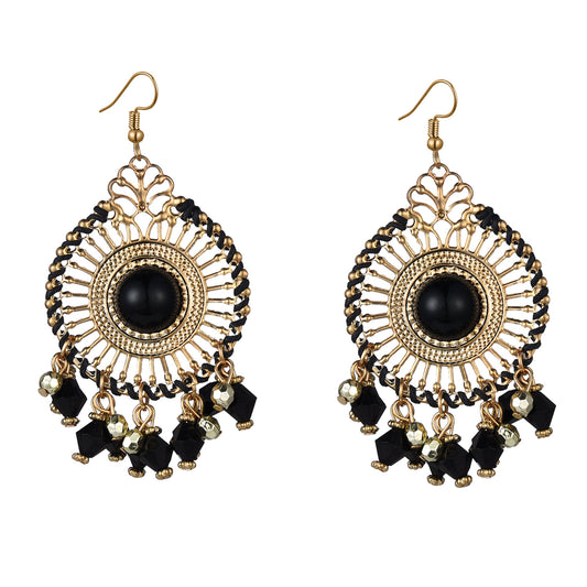 Black Acrylic and Enamel 18K Gold-Plated Openwork Round Drop Earrings, gold drop earrings for women, front view