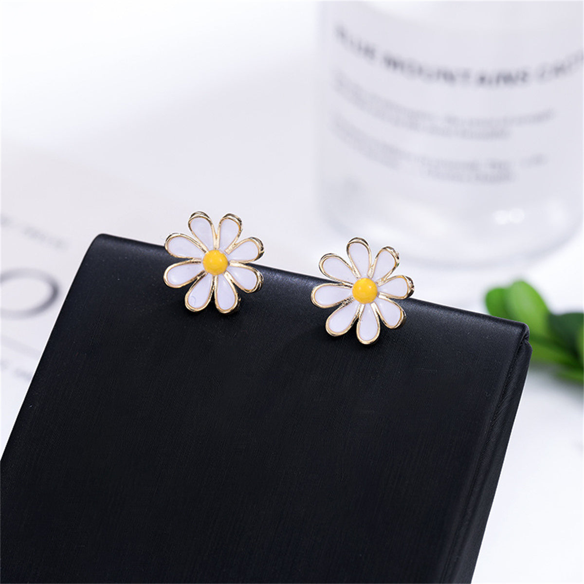White Enamel and 18K Gold-Plated Mum Stud Earrings, gold stud earrings for women, everyday style, front view
