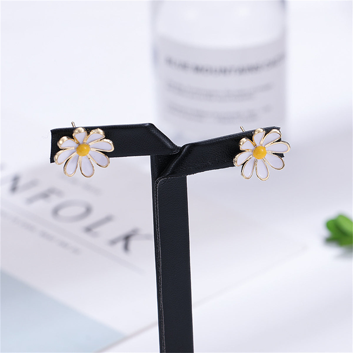 White Enamel and 18K Gold-Plated Mum Stud Earrings, gold stud earrings for women, everyday style, side view
