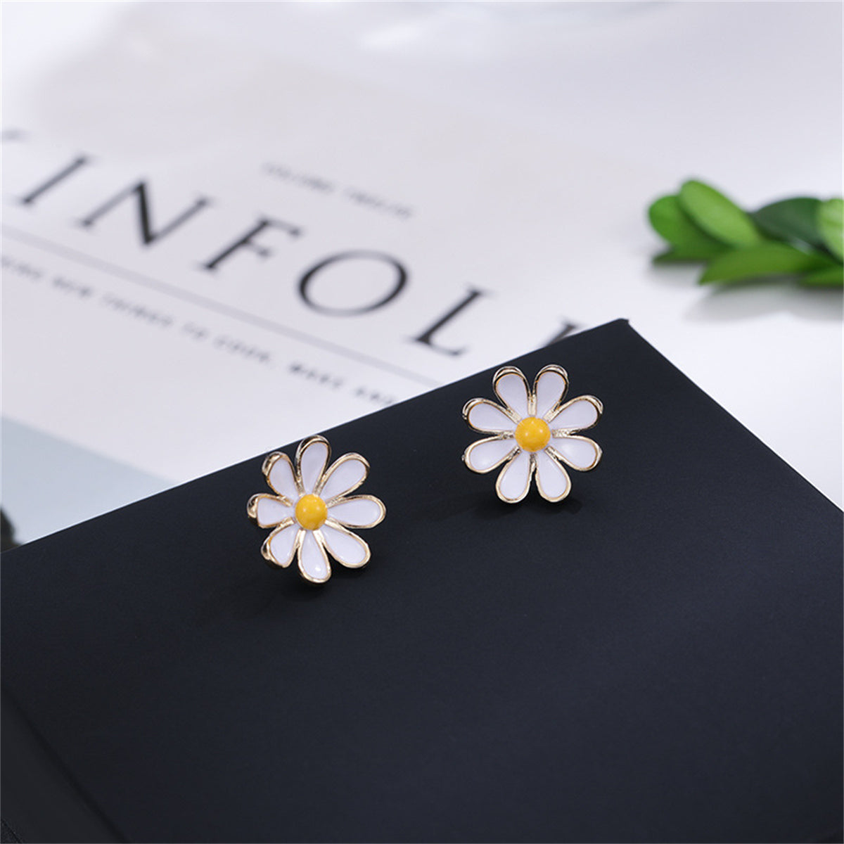 White Enamel and 18K Gold-Plated Mum Stud Earrings, gold stud earrings for women, everyday style, detail close-up