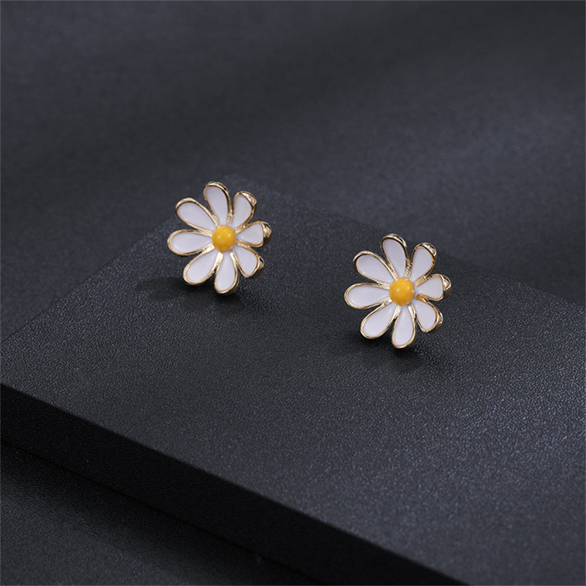 White Enamel and 18K Gold-Plated Mum Stud Earrings, gold stud earrings for women, everyday style, lifestyle look