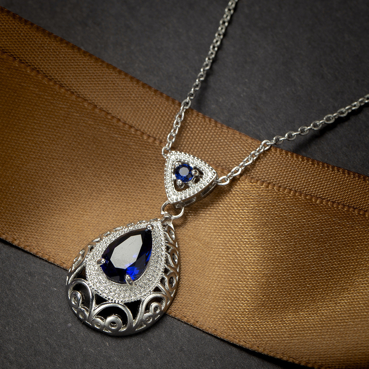 Navy Crystal & Silver-Plated Filigree Pear Pendant Necklace