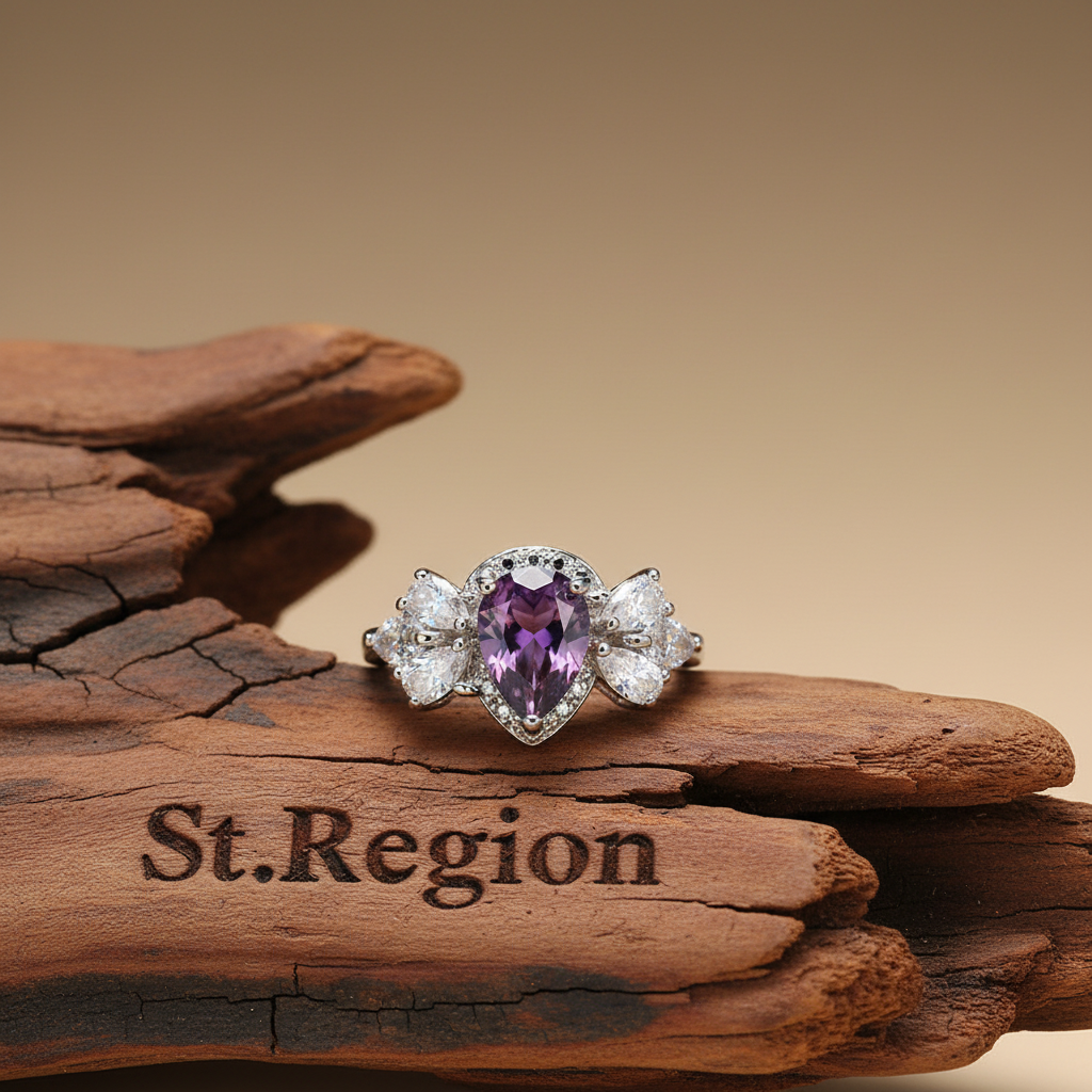 Purple Crystal & Silver-Plated Pear-Cut Ring - Street Region