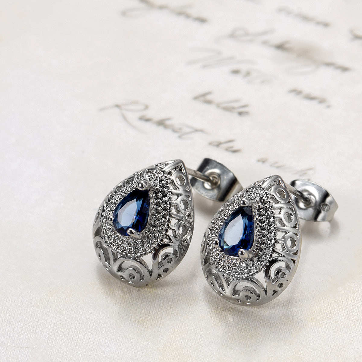 Navy Crystal & Silver-Plated Filigree Pear-Cut Stud Earrings