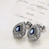 Navy Crystal & Silver-Plated Filigree Pear-Cut Stud Earrings