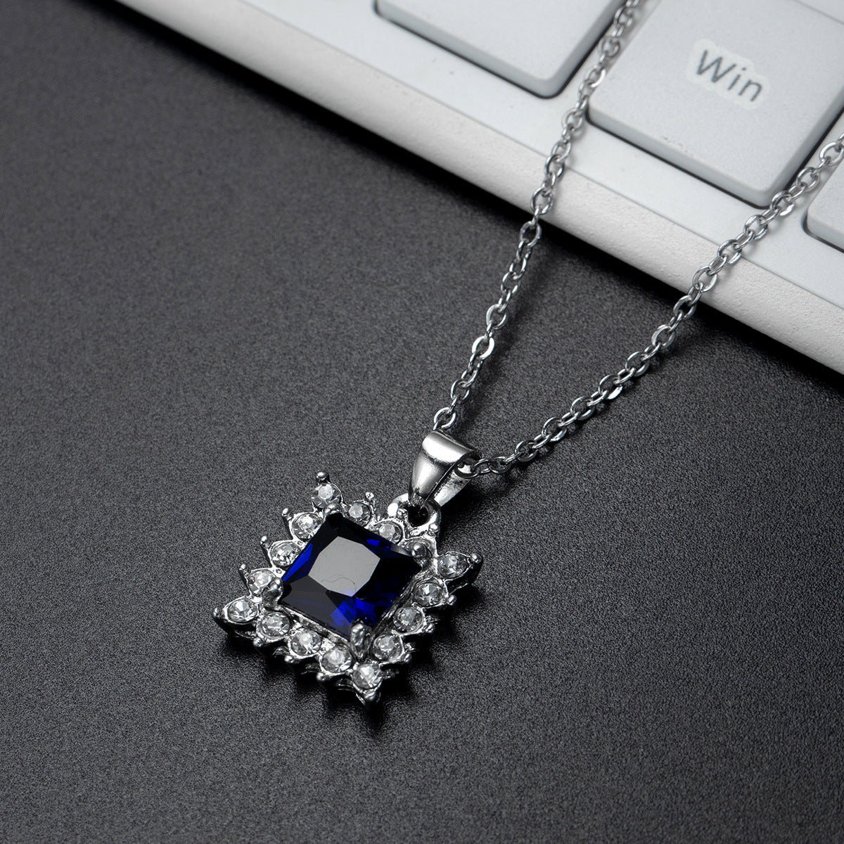 Navy Crystal & Cubic Zirconia Princess-Cut Pendant Necklace