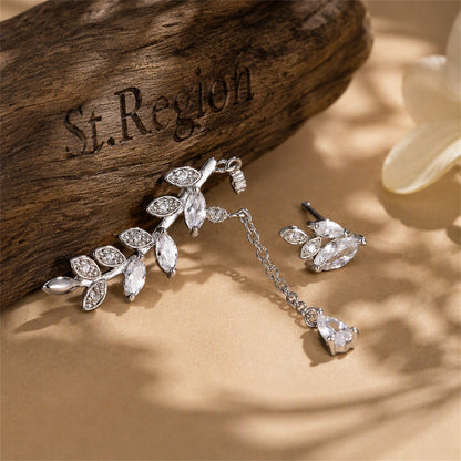 Crystal and Cubic Zirconia Leaves Stud and Ear Climber Earrings, stud earrings for women, vintage-inspired design, front view
