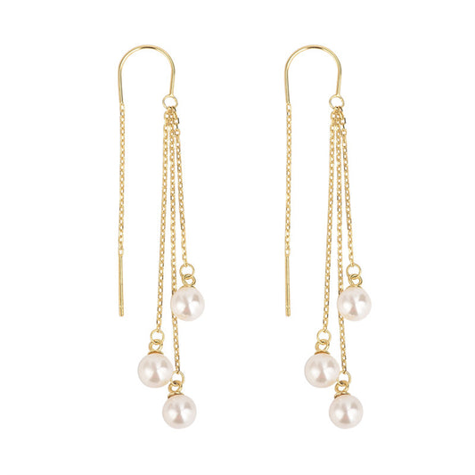 Pearl Strand and 18K Gold-Plated Threader Earrings, gold drop earrings for women, vintage-inspired design, front view