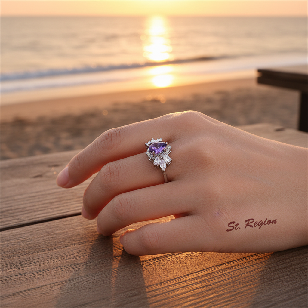 Purple Crystal & Silver-Plated Pear-Cut Ring - Street Region