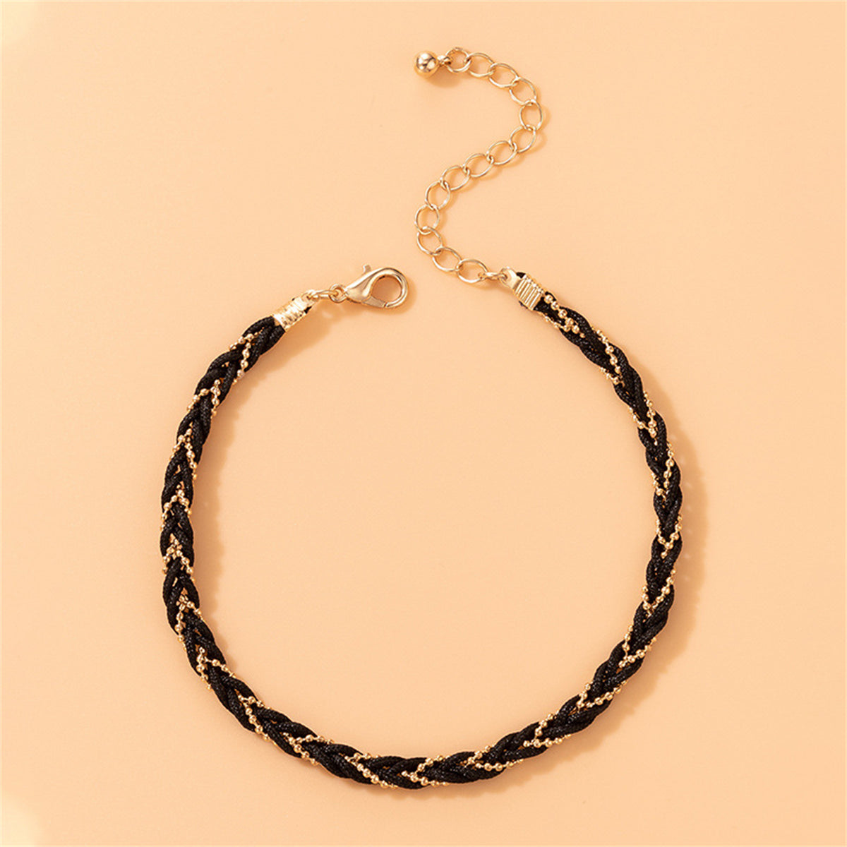 18K Gold-Plated and Black Polyster Braided Anklet, gold anklet bracelet, elegant gift for her, detail close-up