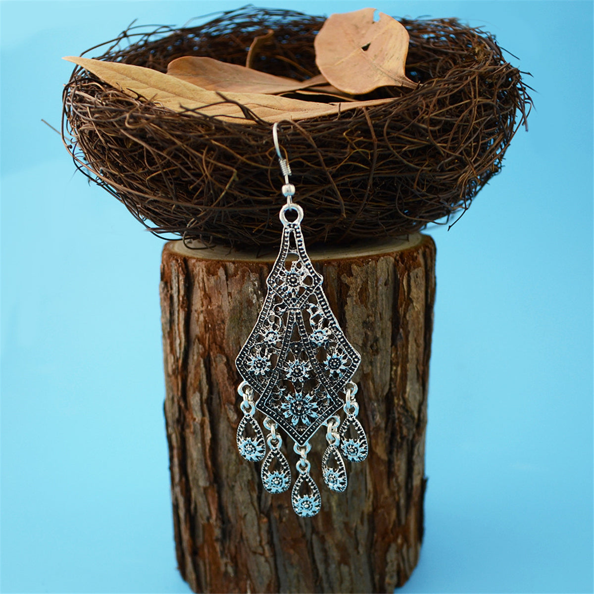 Silver-Plated Engraving Hollow Drop Earrings