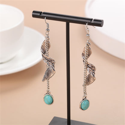 Turquoise and Silver-Plated Feather Twist Drop Earrings, silver drop earrings for women, botanical inspired, side view