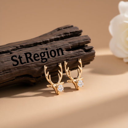 Cubic Zirconia and 18K Gold-Plated Deer Head Stud Earrings, gold stud earrings for women, front view