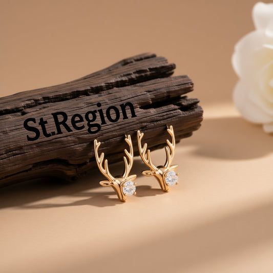 Cubic Zirconia and 18K Gold-Plated Deer Head Stud Earrings, gold stud earrings for women, front view