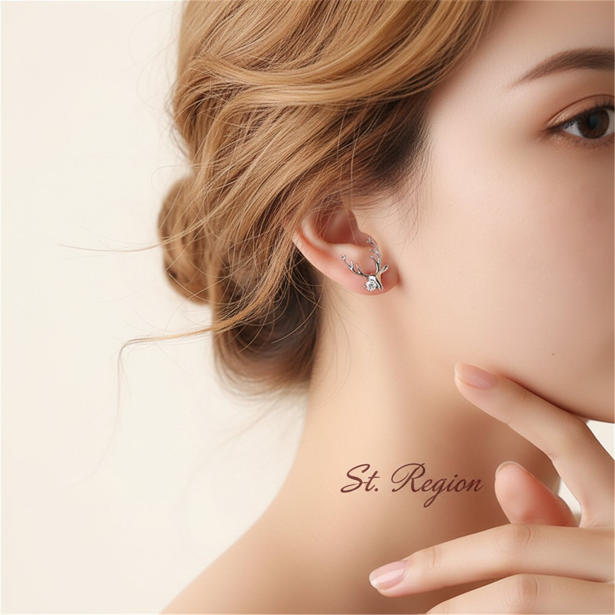 Cubic Zirconia and Silver-Plated Deer Head Stud Earrings, silver stud earrings for women, botanical inspired, styled look