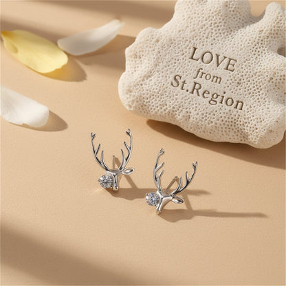 Cubic Zirconia and Silver-Plated Deer Head Stud Earrings, silver stud earrings for women, botanical inspired, lifestyle look