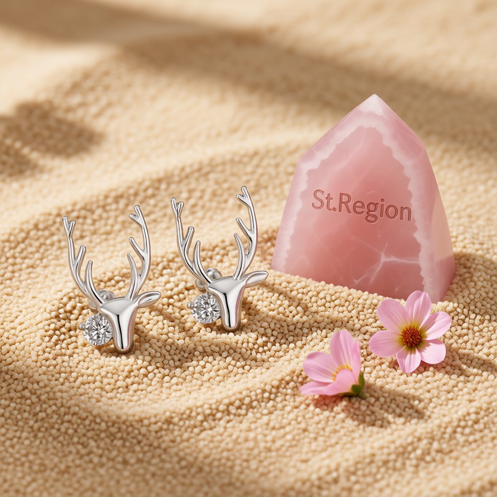 Cubic Zirconia and Silver-Plated Deer Head Stud Earrings, silver stud earrings for women, botanical inspired, detail close-up