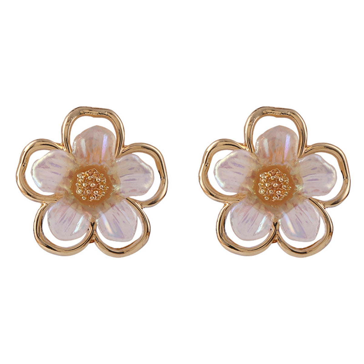 White Acrylic and 18K Gold-Plated Floral Stud Earrings, gold stud earrings for women, elegant gift for her, styled look