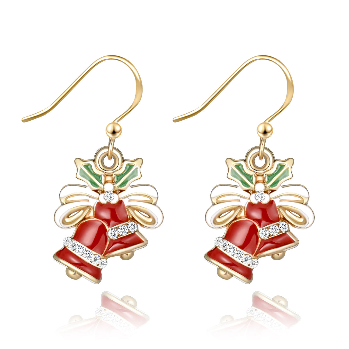 Cubic Zirconia and Red Enamel Jingle Bell Drop Earrings, drop earrings for women, vintage-inspired design, lifestyle look