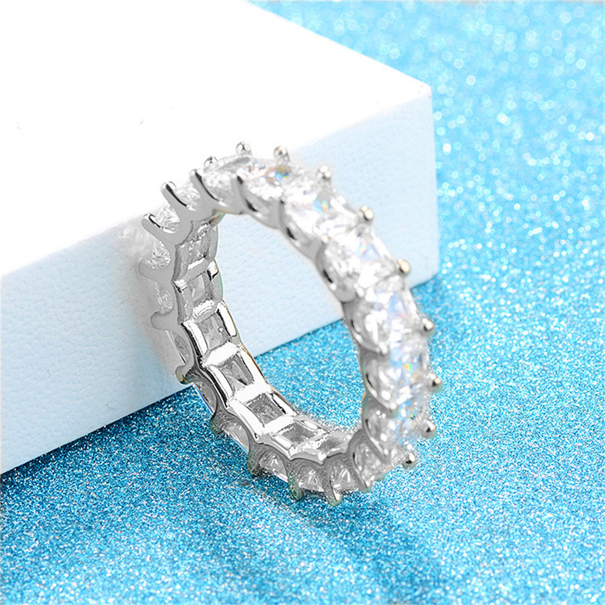 Crystal and Silver-Plated Princess-Cut Ring, silver statement rings for women, everyday style, side view