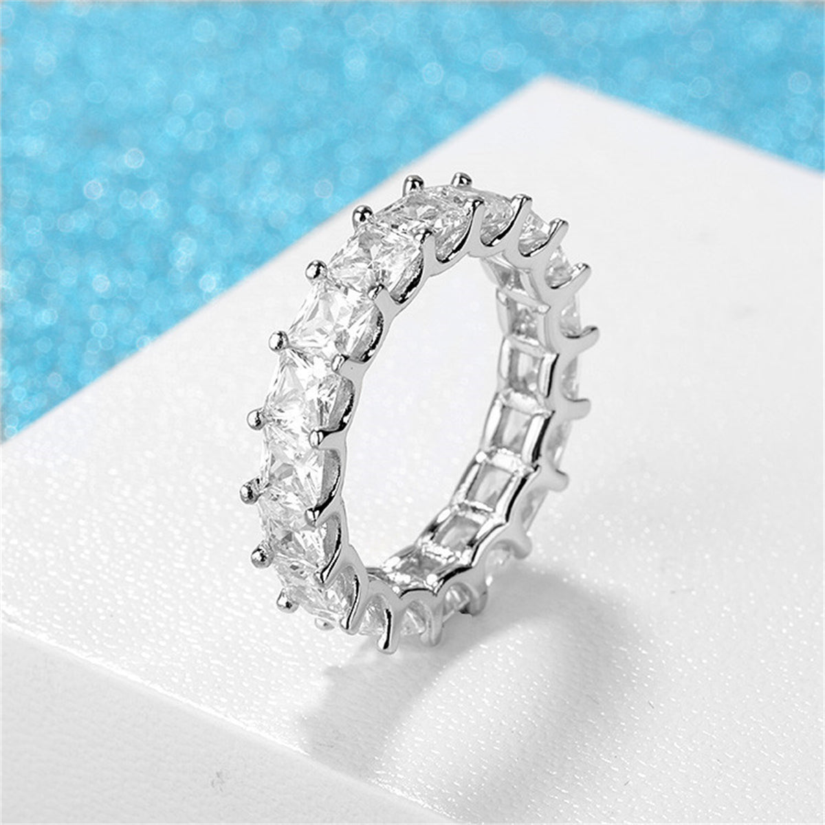 Crystal and Silver-Plated Princess-Cut Ring, silver statement rings for women, everyday style, detail close-up