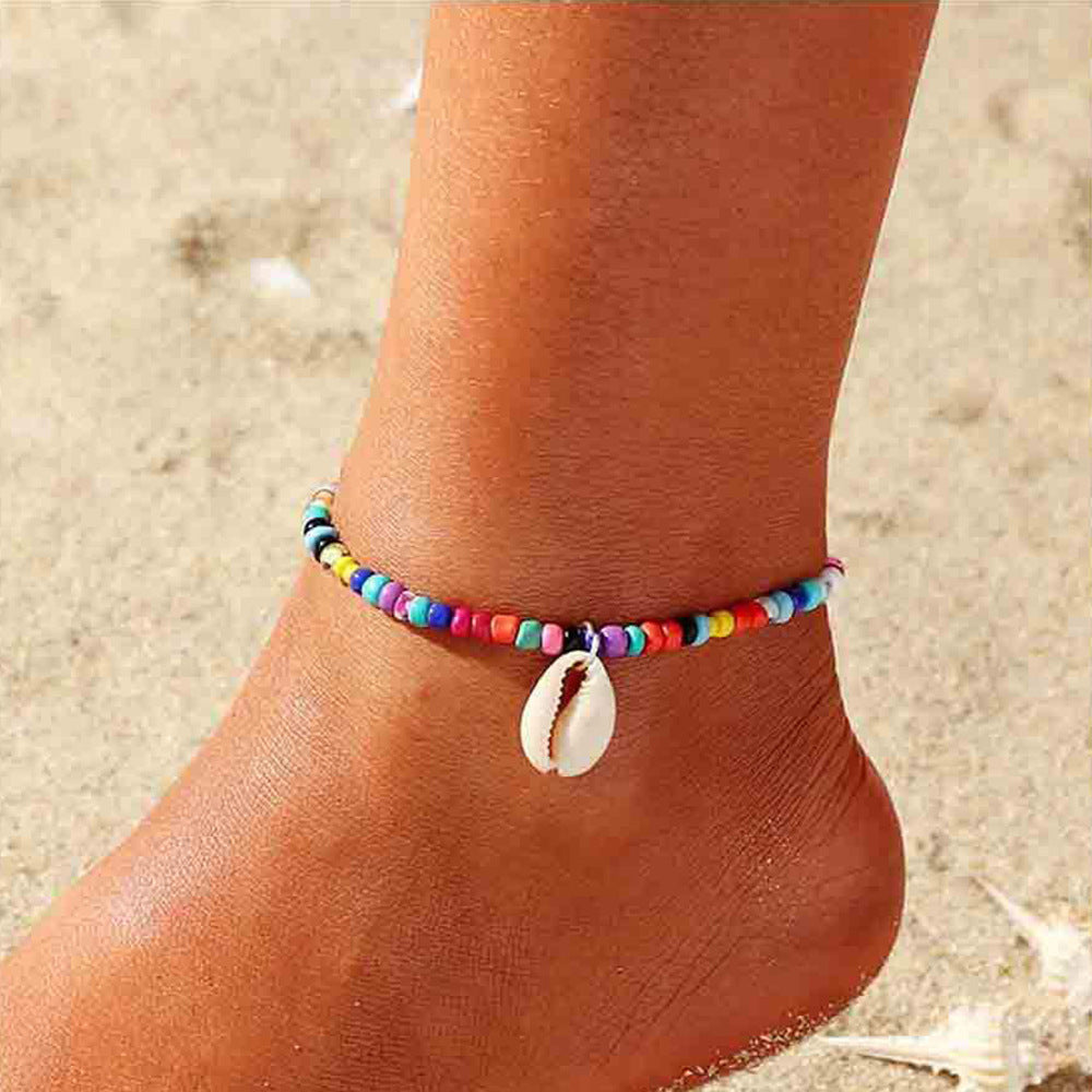 Teal Multicolor Howlite and Shell Charm Anklet, anklet bracelet, botanical inspired, front view
