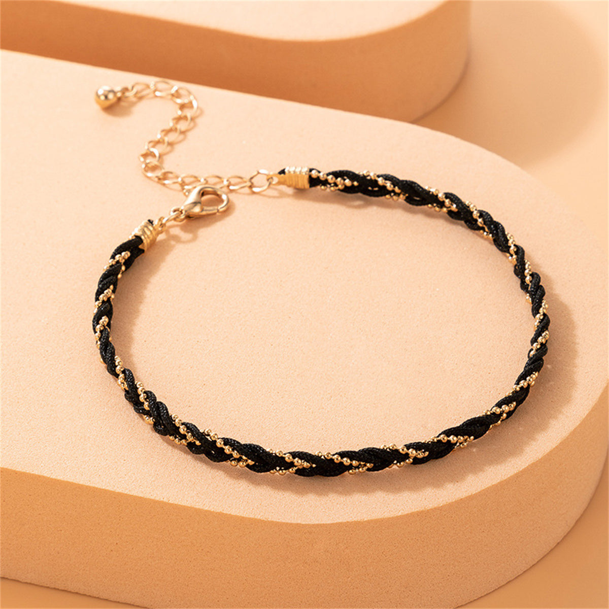 18K Gold-Plated and Black Polyster Braided Anklet, gold anklet bracelet, elegant gift for her, lifestyle look