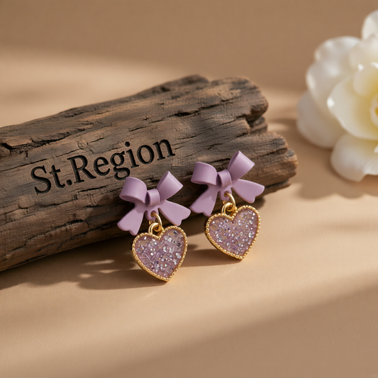 Purple Enamel & Cubic Zirconia 18K Gold-Plated Bow Heart Drop Earrings