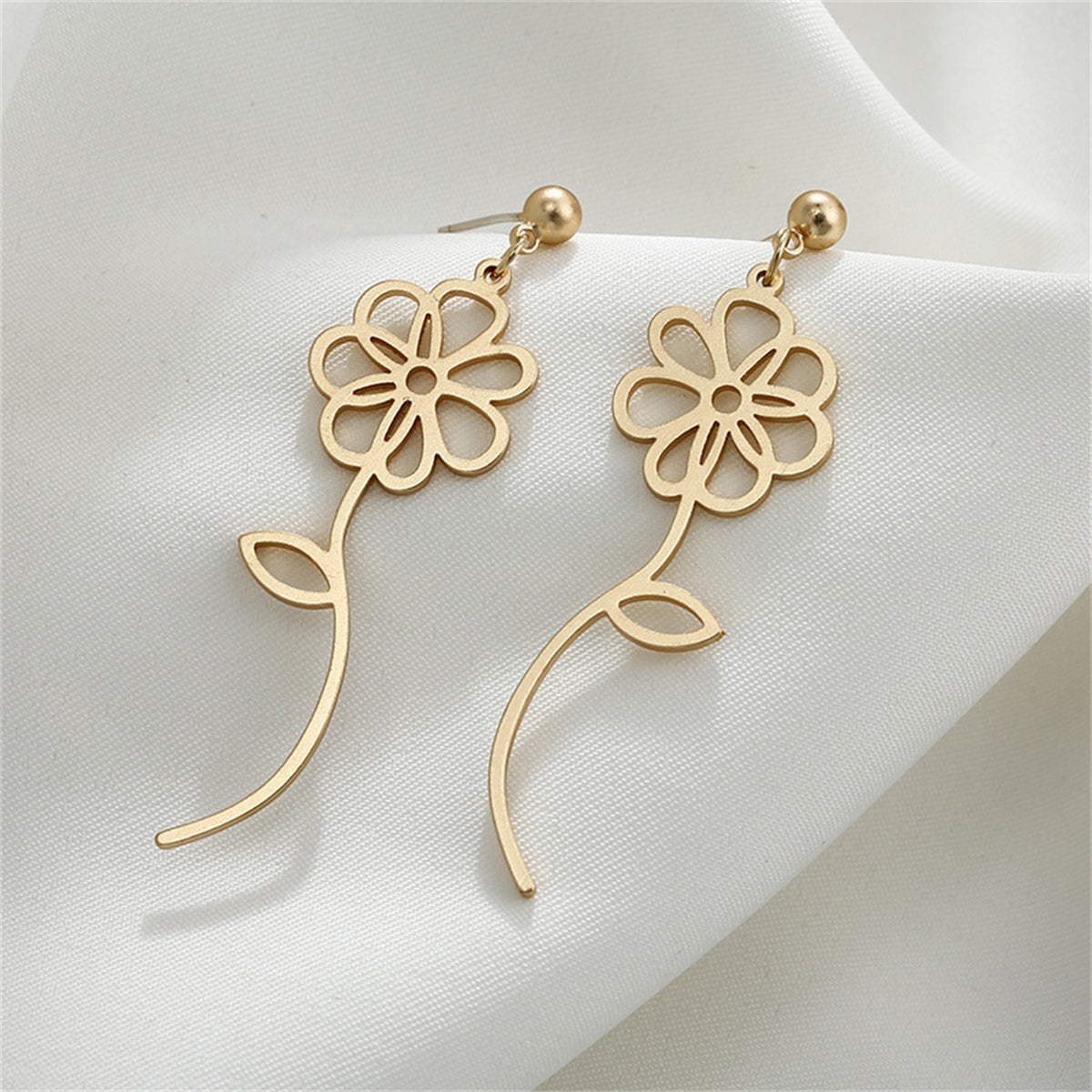 18K Gold-Plated Open Flower Drop Earrings, gold drop earrings for women, botanical inspired, side view