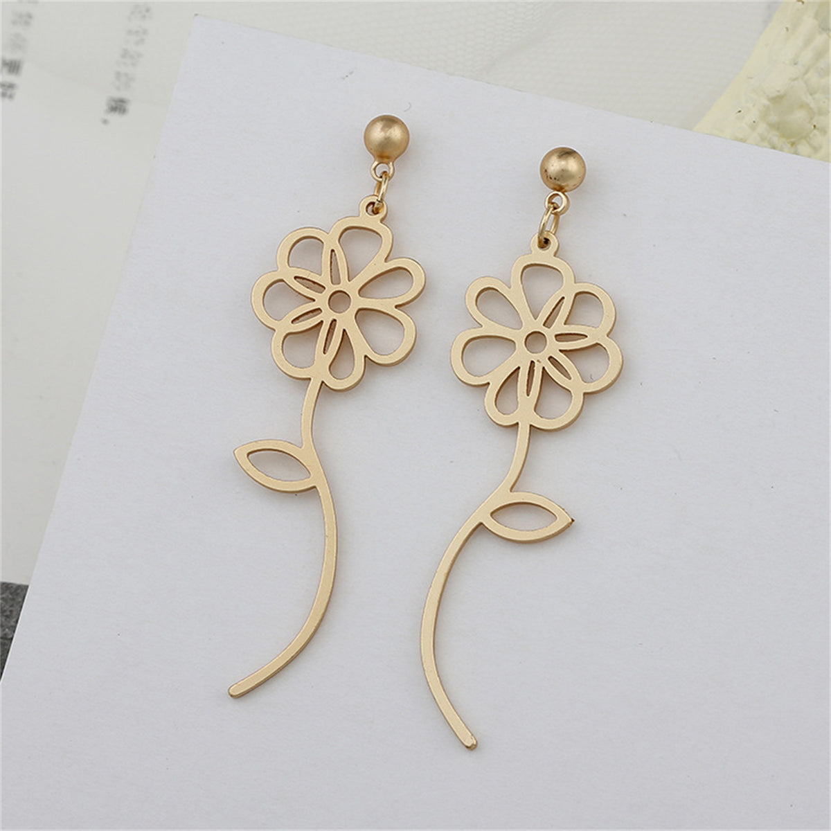 18K Gold-Plated Open Flower Drop Earrings, gold drop earrings for women, botanical inspired, detail close-up