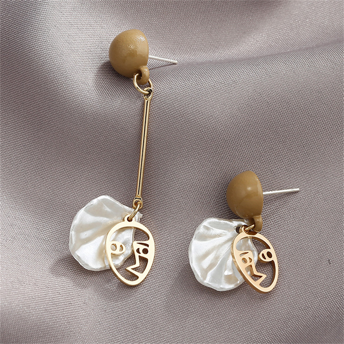 Taupe Acrylic and Shell Face Asymmetrical Drop Earrings, drop earrings for women, everyday style, detail close-up
