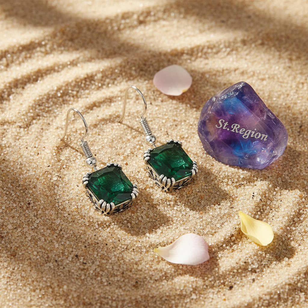 Green Crystal & Silver-Plated Princess-Cut Drop Earrings - Street Region
