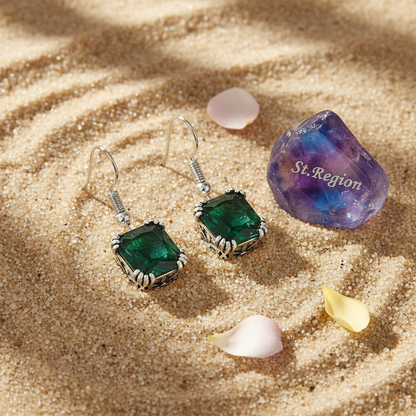 Green Crystal & Silver-Plated Princess-Cut Drop Earrings - Street Region