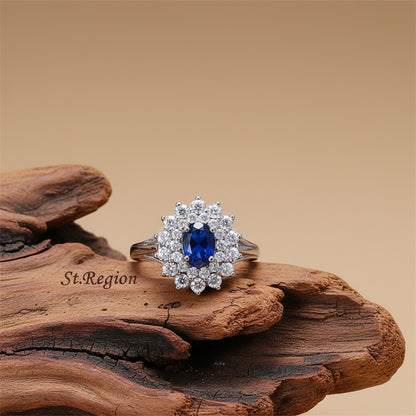 Cubic Zirconia & Navy Crystal Flower Halo Ring