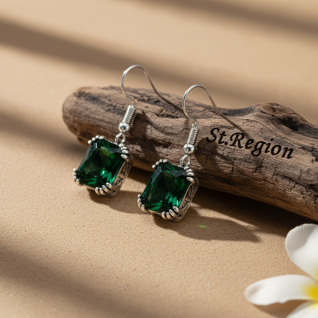 Green Crystal & Silver-Plated Princess-Cut Drop Earrings - Street Region