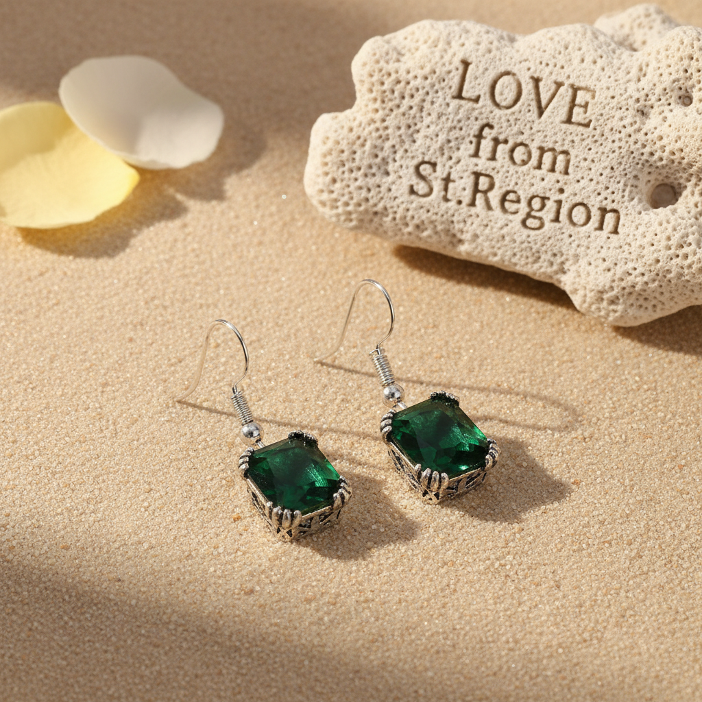 Green Crystal & Silver-Plated Princess-Cut Drop Earrings - Street Region
