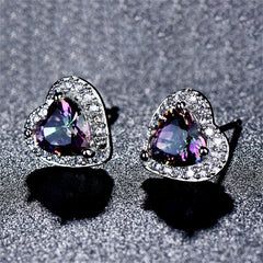 Colored Crystal & Cubic Zirconia Silver-Plated Halo Heart Stud Earrings
