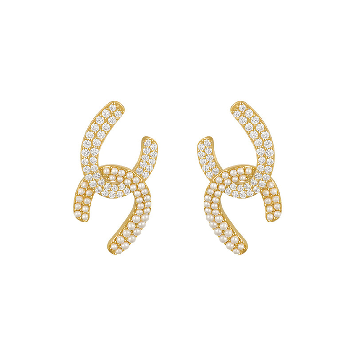 Pearl and Cubic Zirconia Interlocked Stud Earrings, stud earrings for women, botanical inspired, front view